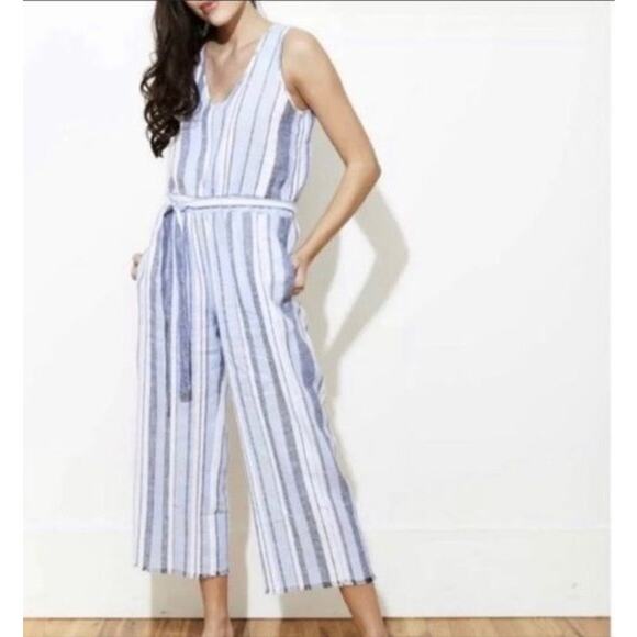 Anthropologie Cloth & Stone Striped Linen Coastal Flowing Op[en Back Jumpsuit - Picture 1 of 14